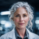A woman with silver-streaked hair wearing a lab coat, looking directly at the camera with a neutral expression.