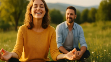 A woman in a yellow sweater meditating outdoors with a man sitting behind her.