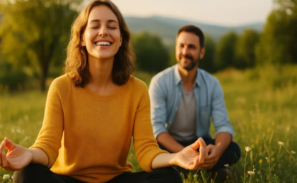 A woman in a yellow sweater meditating outdoors with a man sitting behind her.