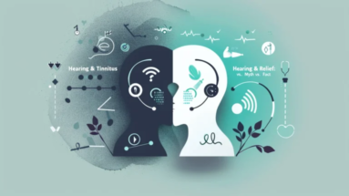 Graphic illustration depicting concepts related to hearing and tinnitus with abstract human profiles.