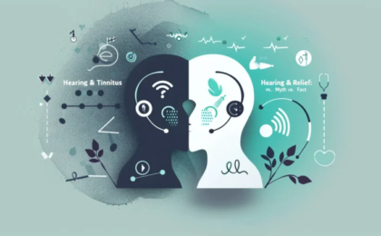 Graphic illustration depicting concepts related to hearing and tinnitus with abstract human profiles.