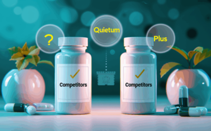 Two bottles labeled 'Quietum Plus' and 'Competitors' with capsules and plants in the background.