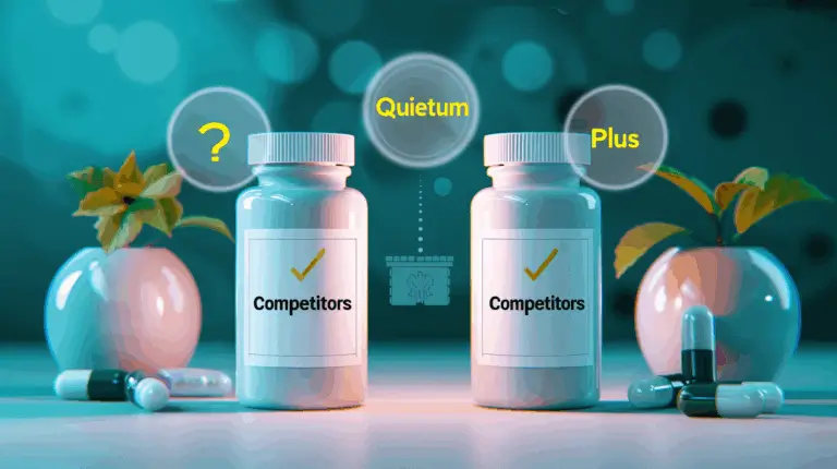 Two bottles labeled 'Quietum Plus' and 'Competitors' with capsules and plants in the background.