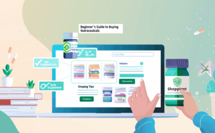 Illustration showing a computer screen with nutraceutical products and a guide for beginners on buying them.