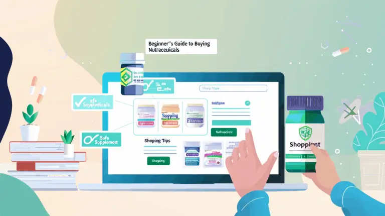 Illustration showing a computer screen with nutraceutical products and a guide for beginners on buying them.