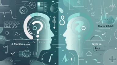 Illustration depicting two human profiles with question marks and symbols related to hearing and tinnitus relief.