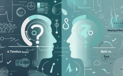 Illustration depicting two human profiles with question marks and symbols related to hearing and tinnitus relief.