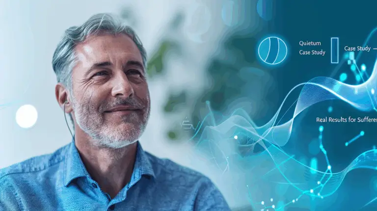 Man with gray hair wearing headphones, smiling with digital graphics in the background.