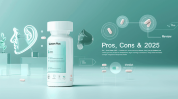 Bottle of Quietum Plus dietary supplement with capsules and graphic elements in a light green background.