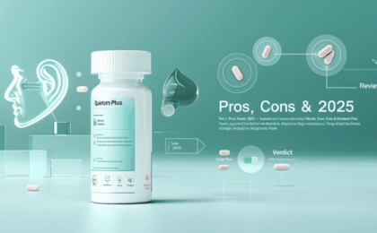 Bottle of Quietum Plus dietary supplement with capsules and graphic elements in a light green background.