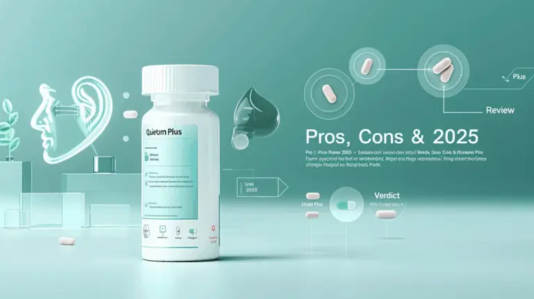 Bottle of Quietum Plus dietary supplement with capsules and graphic elements in a light green background.