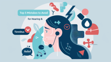 Graphic illustration depicting a woman with a headset and elements related to tinnitus and hearing health.