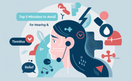 Graphic illustration depicting a woman with a headset and elements related to tinnitus and hearing health.