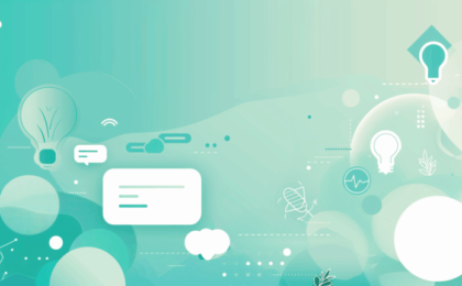 Abstract design featuring light bulbs, speech bubbles, and geometric shapes in a teal color scheme.