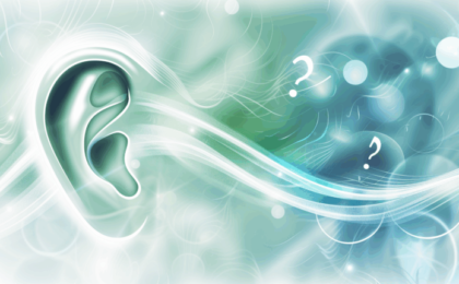 Abstract illustration of an ear with a soft focus background and question marks.