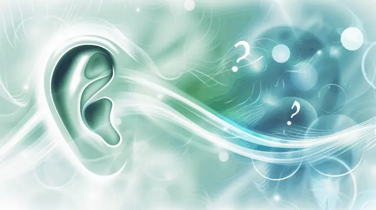 Abstract illustration of an ear with a soft focus background and question marks.