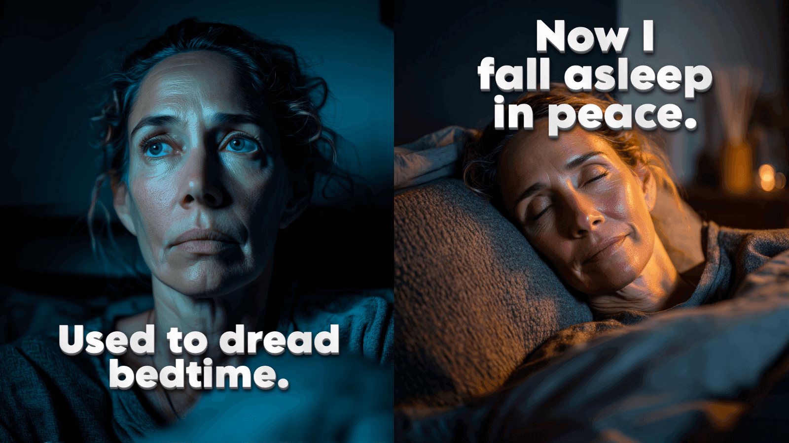 A woman showing a contrasting expression of anxiety on one side and peacefulness on the other while in bed.