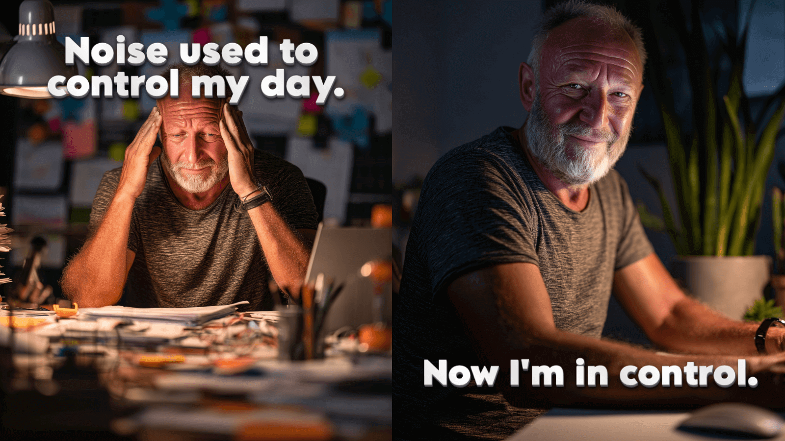 A man with gray hair and beard sitting at a desk, looking thoughtful and relaxed in two contrasting images.