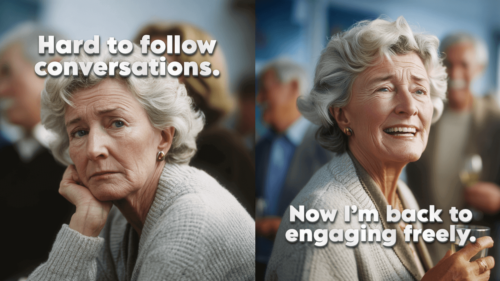 A woman with gray hair showing two expressions: one of concern and another of happiness.
