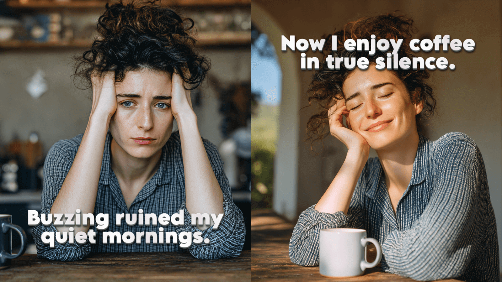 A woman with curly hair sitting at a table, looking relaxed while holding a coffee mug.