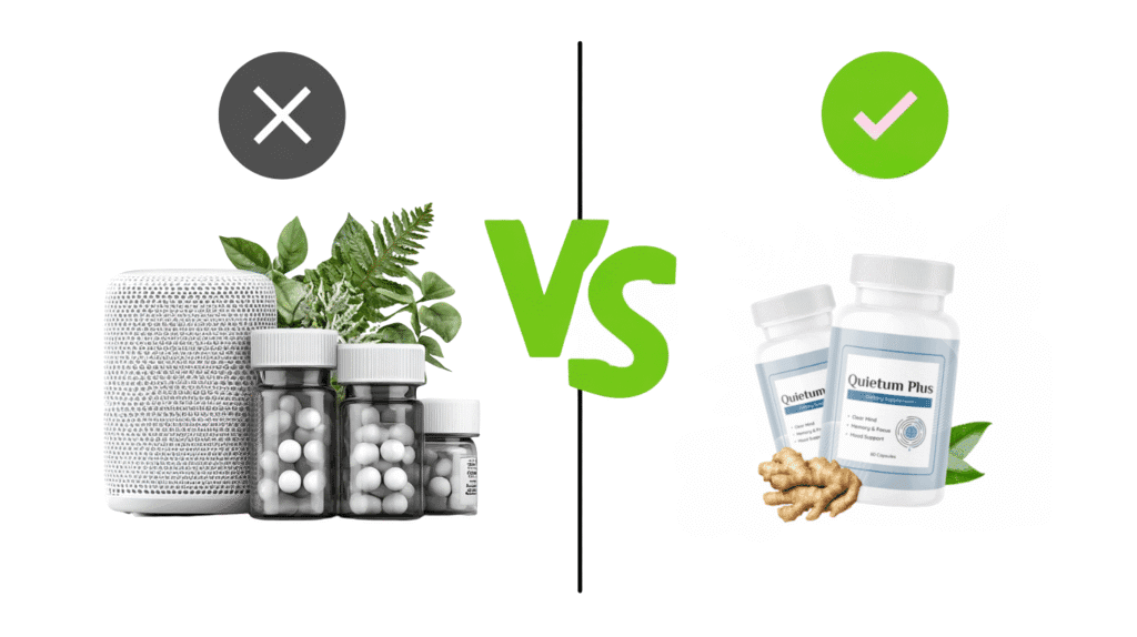 Two images comparing supplement containers with a speaker and plants on the left and labeled supplement bottles on the right.