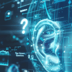 3D rendered illustration of a human ear with digital elements and question marks in a futuristic design.