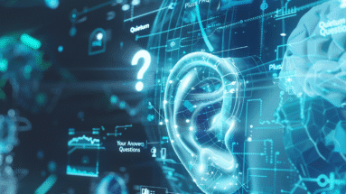 3D rendered illustration of a human ear with digital elements and question marks in a futuristic design.