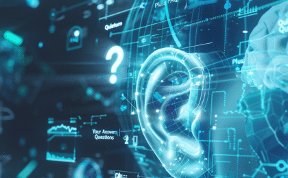 3D rendered illustration of a human ear with digital elements and question marks in a futuristic design.