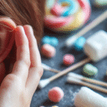 Close-up of a person holding their ear while wearing white earphones with colorful candies in the background.