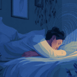 An illustration of a calm adult sleeping in a bedroom at night with soft lighting and plants.