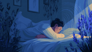 An illustration of a calm adult sleeping in a bedroom at night with soft lighting and plants.