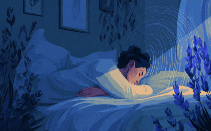 An illustration of a calm adult sleeping in a bedroom at night with soft lighting and plants.