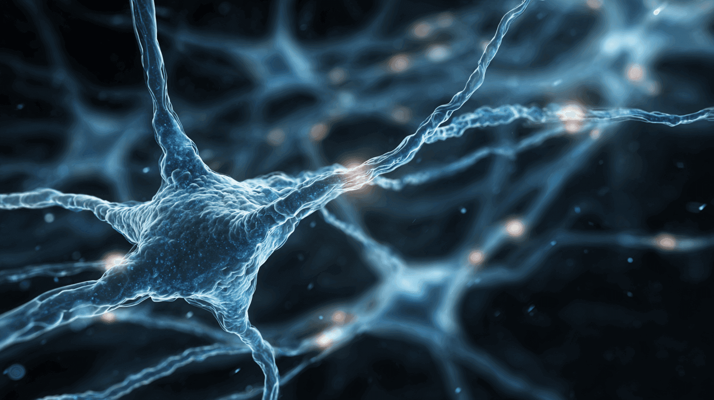 A close-up, digital illustration of interconnected neurons with glowing synapses, showing electrical activity and communication in the brain, inspired by recent Military Brain Study findings, set against a dark background.