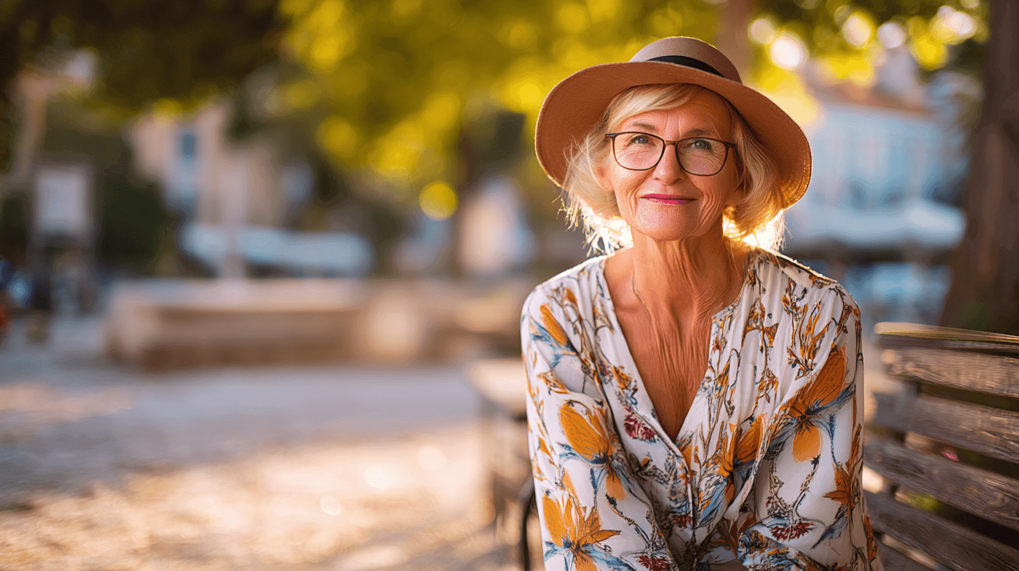 Woman with glasses and a hat sitting on a bench in a sunlit park, wearing a floral-patterned blouse.