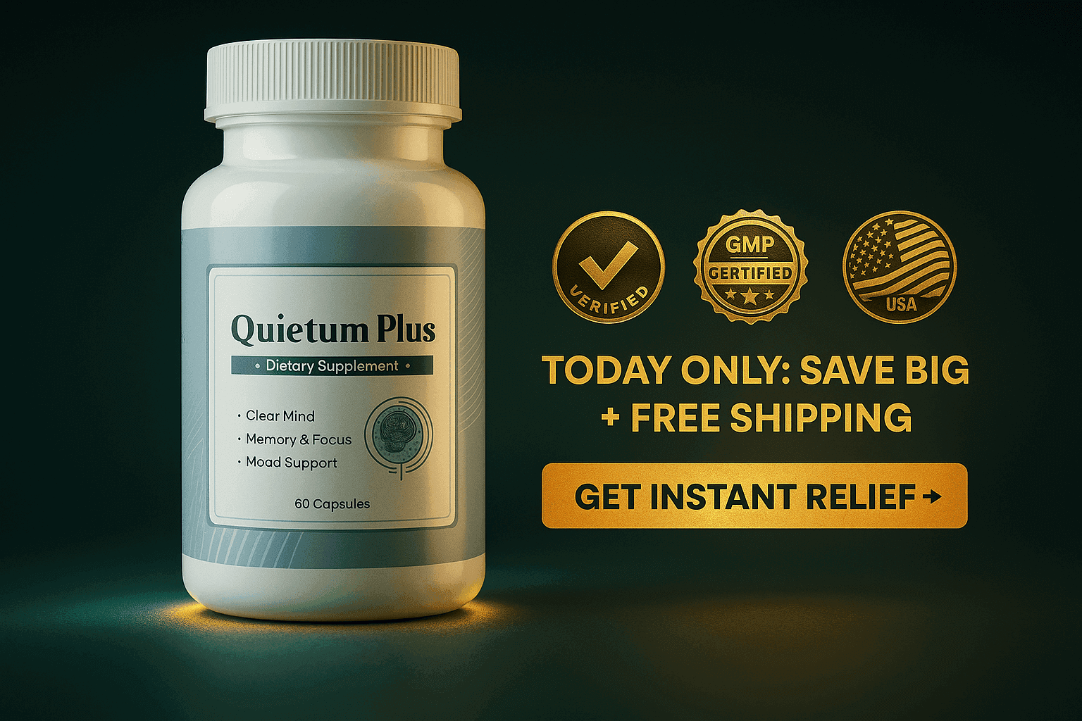 ChatGPT Image Sep 9, 2025 at 04_40_39 AM Bottle of Quietum Plus dietary supplement with a label detailing its benefits and contents.