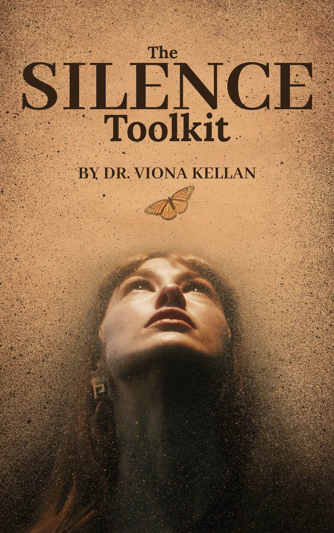 Silence Book cover for 'The Silence Toolkit' featuring a woman looking upwards with a butterfly illustration.