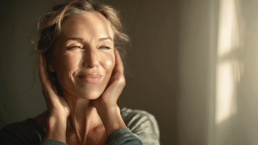 A woman in her 50s smiling gently with her hands on her face, displaying a calm expression.
