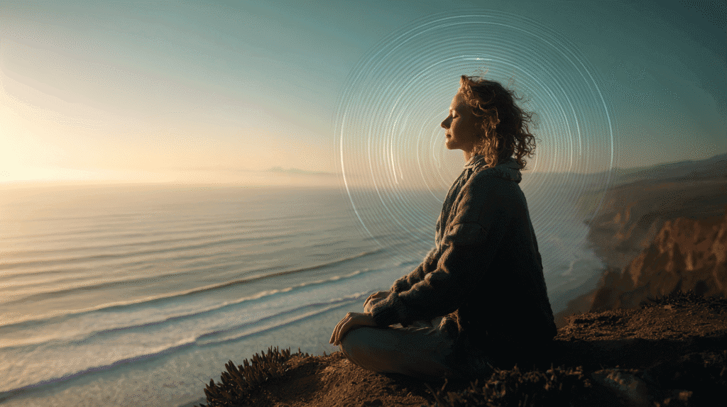 A woman with curly hair meditating on a cliff overlooking the ocean at sunset.