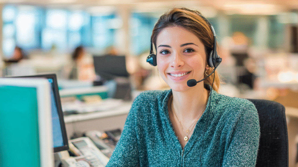 Friendly female customer service agent wearing a headset at a desk in an office environment.