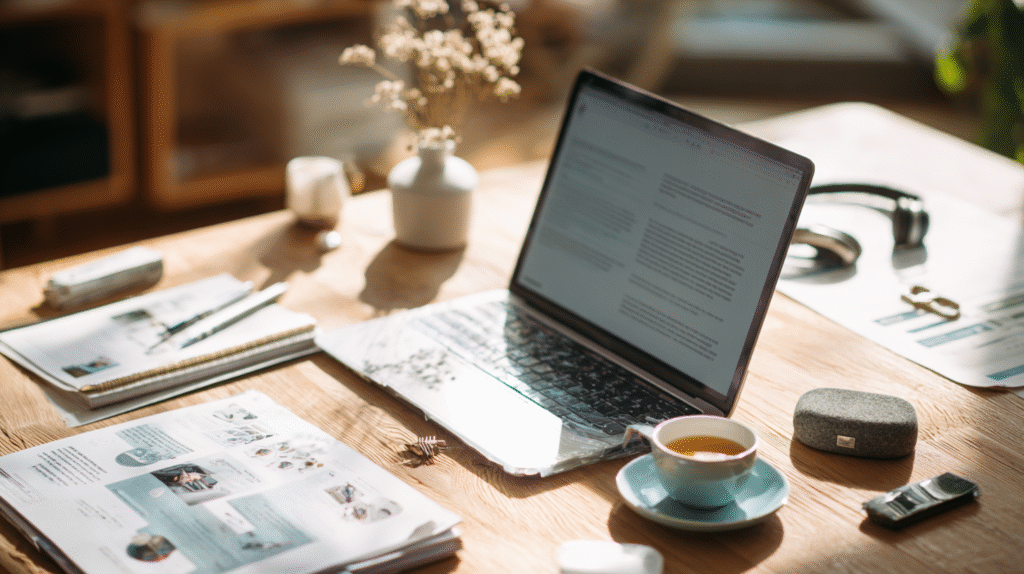 Open laptop displaying documents on a wooden desk with a cup of coffee and various stationery items.