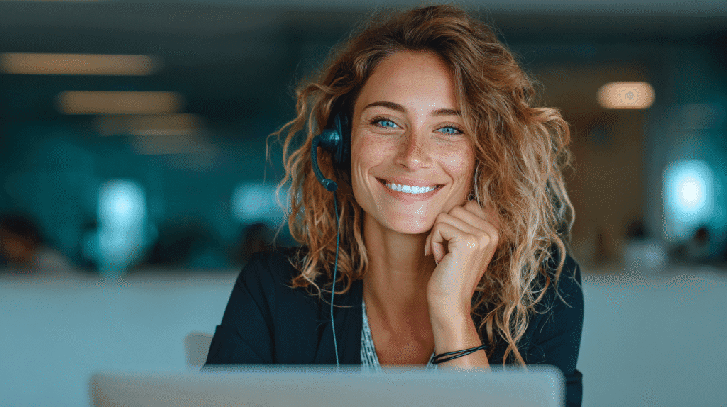 Smiling female support specialist wearing a headset while sitting at a desk with a laptop.
