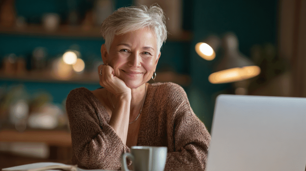 Mature woman with short hair smiling while resting her chin on her hand at a desk with a laptop.