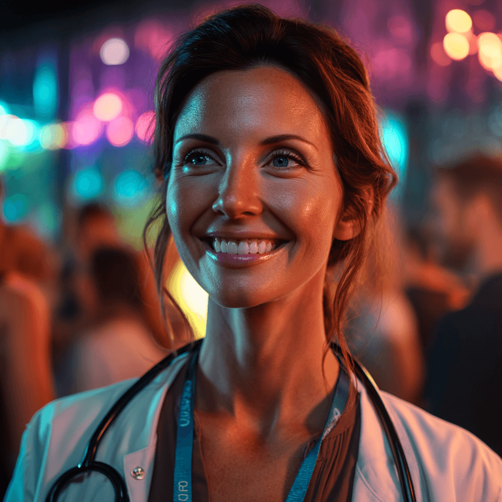 u9338853565_diverse_person_in_lifestyle_panel_a_female_doctor_5720b42a-b1e7-4d95-987c-62ccb78f9987_1 Smiling female doctor wearing a white coat and stethoscope in a colorful setting.