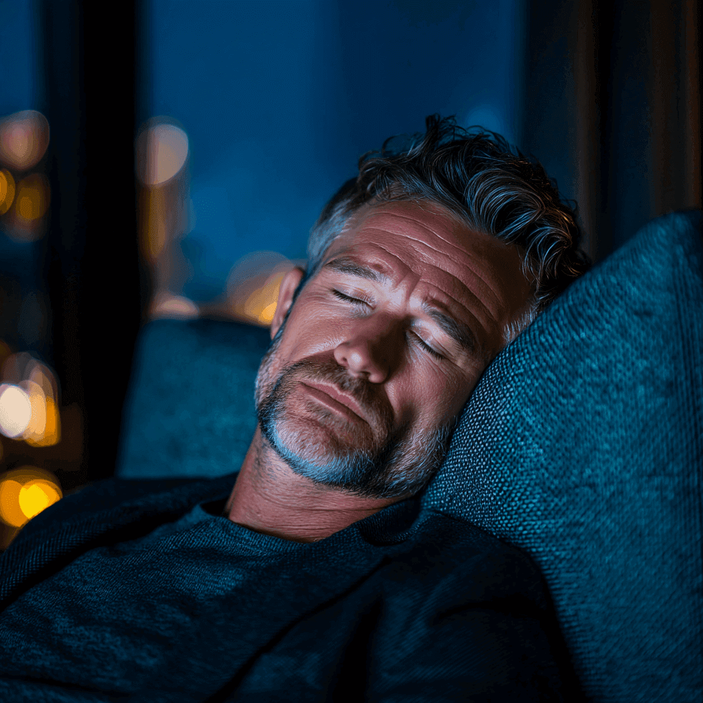 u9338853565_diverse_person_in_lifestyle_panel_a_middle-aged_m_2a106bb1-8ffd-4e2f-a93a-83b7dc1aeeb4_0 Middle-aged man with short gray hair resting with eyes closed on a couch in a dimly lit room.