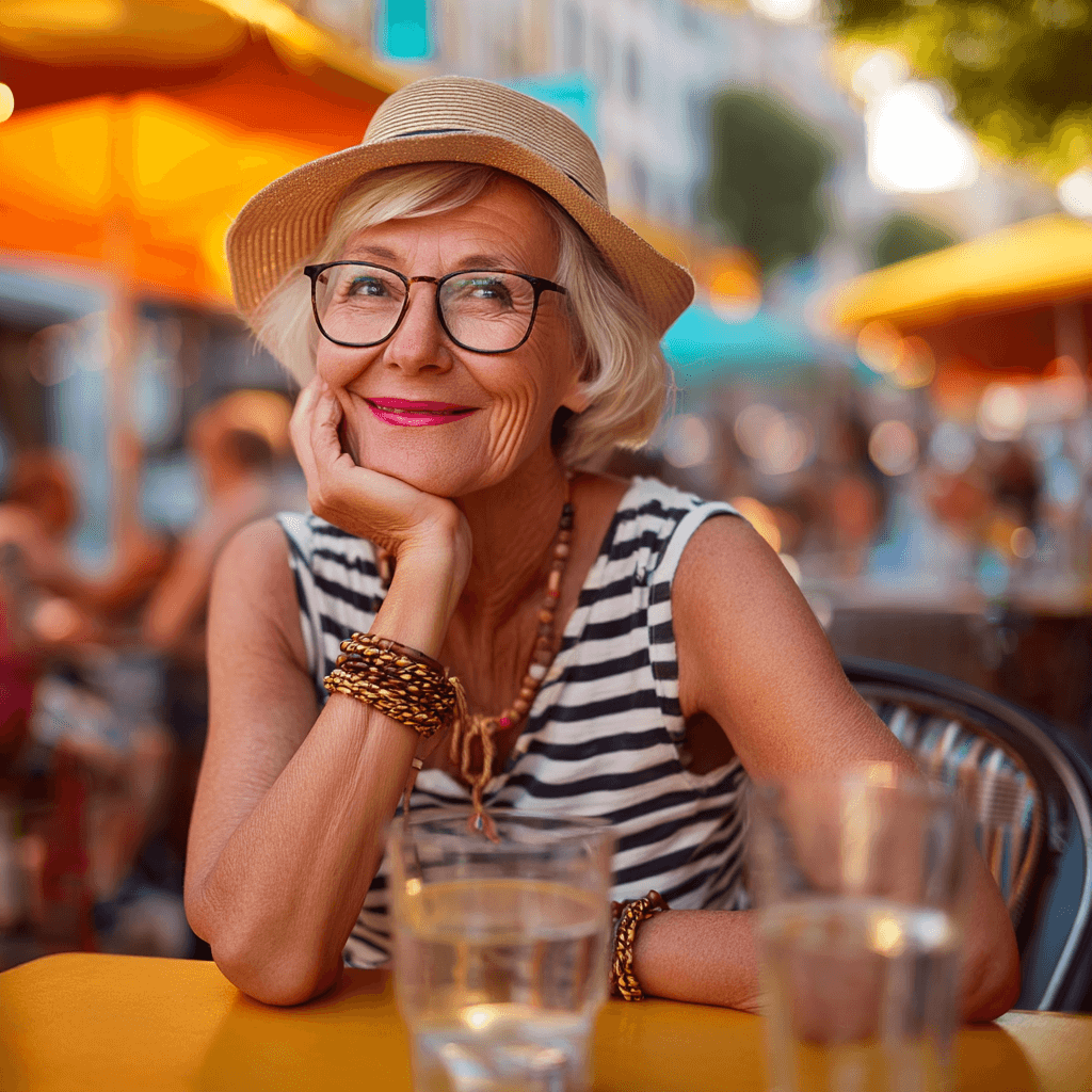 u9338853565_diverse_person_in_lifestyle_panel_an_elderly_woma_04c32e74-80fd-40ef-a456-326833d4e5b1_3 Elderly woman wearing glasses and a straw hat, sitting at a table with glasses of water.